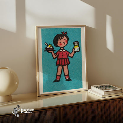 Girl Holding Food - vintage matchbox label print - size comparison