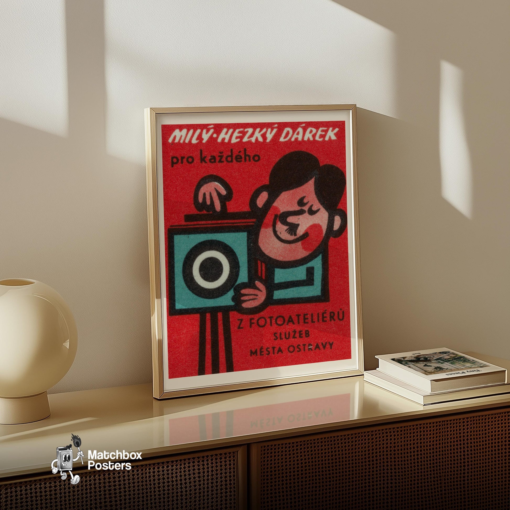 Cartoon Character with Camera - vintage matchbox label print - size comparison