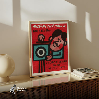 Cartoon Character with Camera - vintage matchbox label print - size comparison