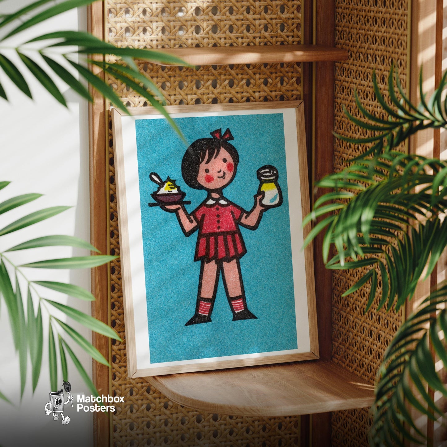 Girl Holding Food - vintage matchbox label print - office wall
