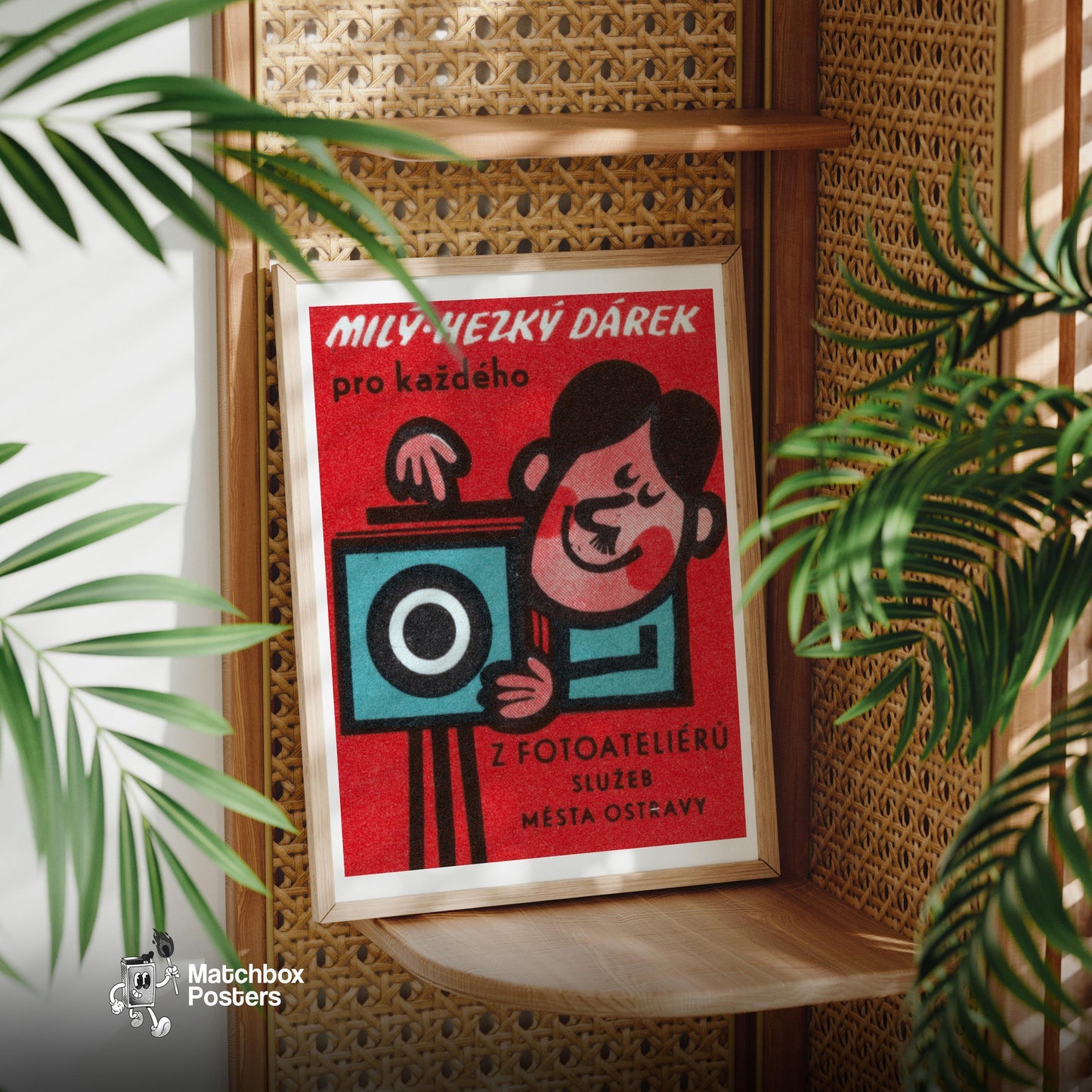 Cartoon Character with Camera - vintage matchbox label print - office wall