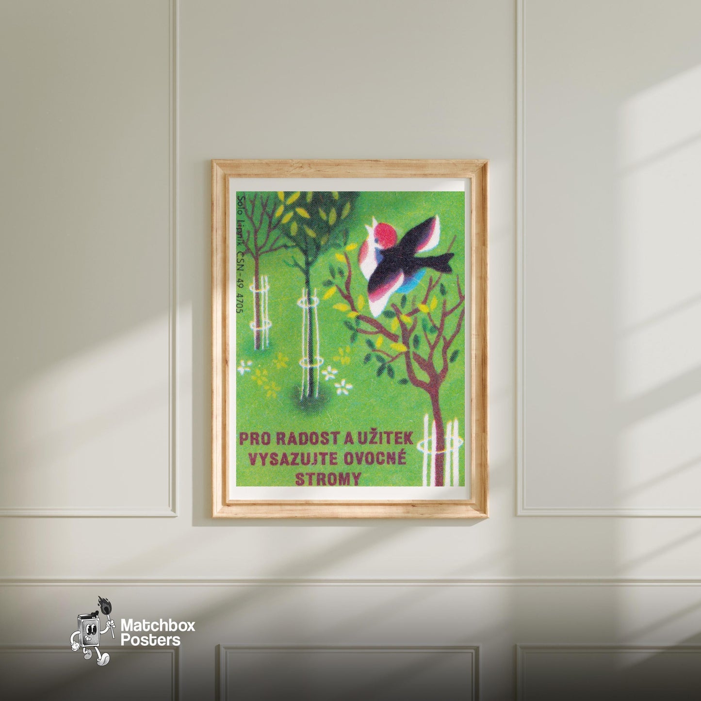 Plant Fruit Trees and Benefit - vintage matchbox label print - bedroom mockup