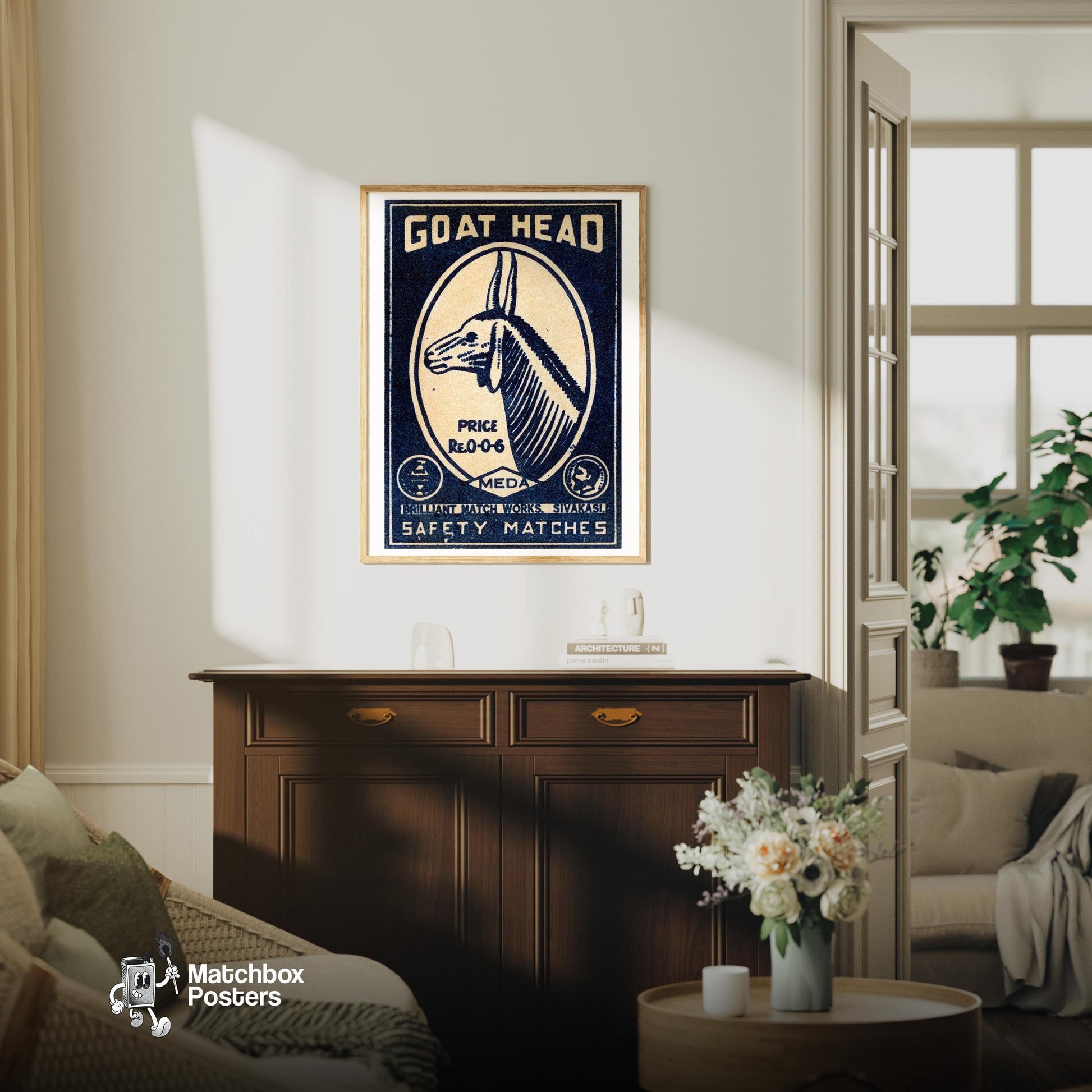 Goat Head - vintage matchbox label print - living room mockup