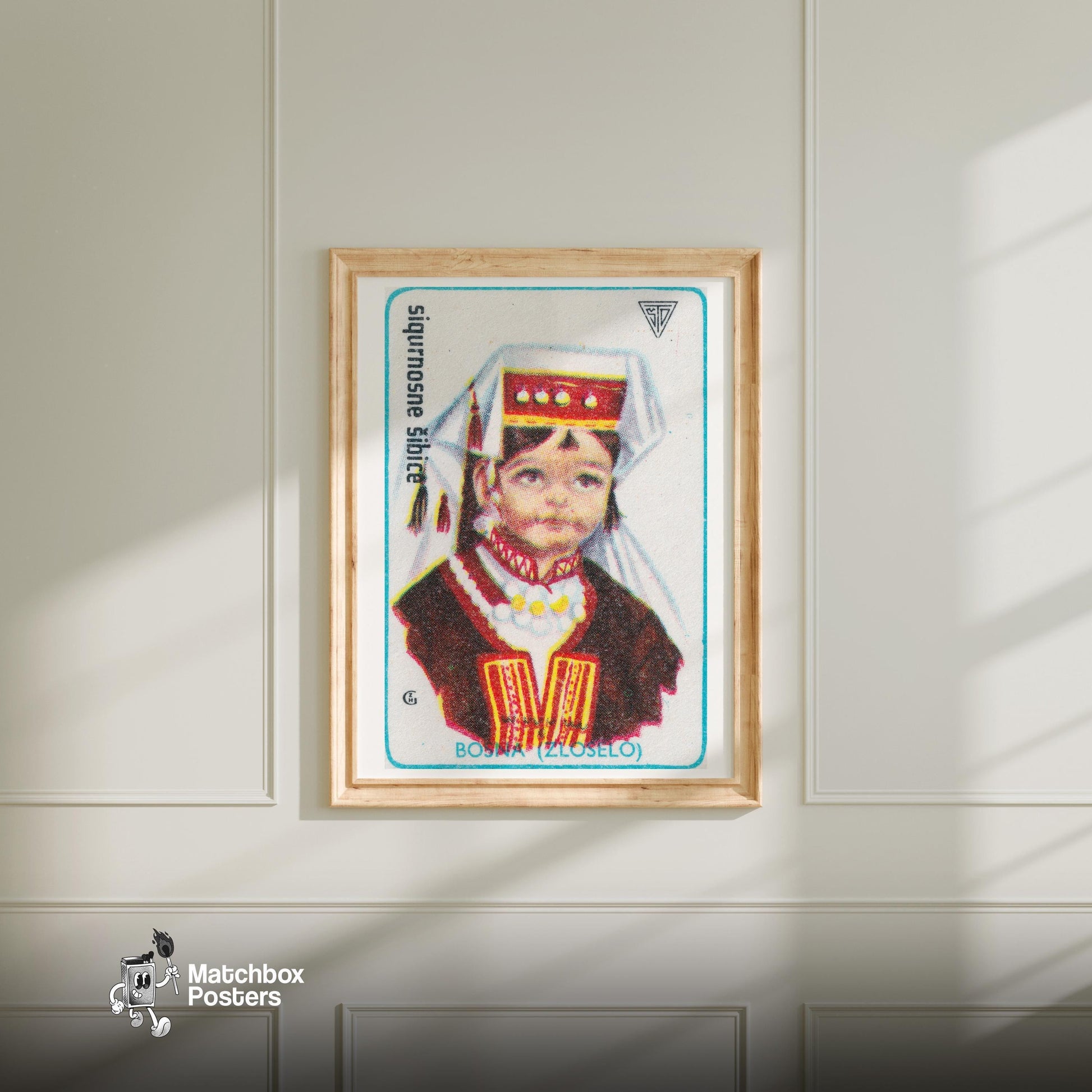 Bosnian Girl - vintage matchbox label print - bedroom mockup