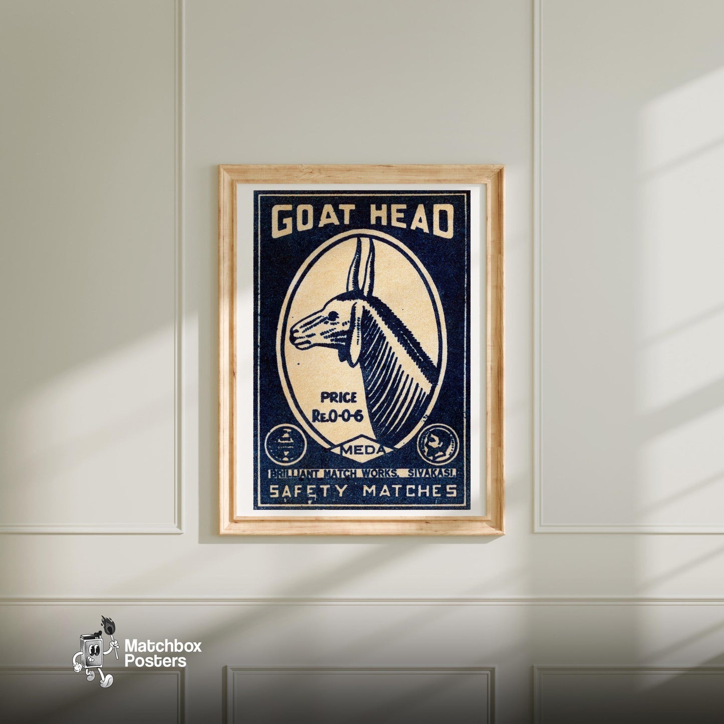 Goat Head - vintage matchbox label print - bedroom mockup