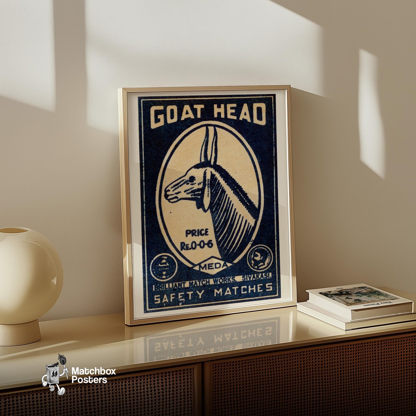 Goat Head - vintage matchbox label print - size comparison