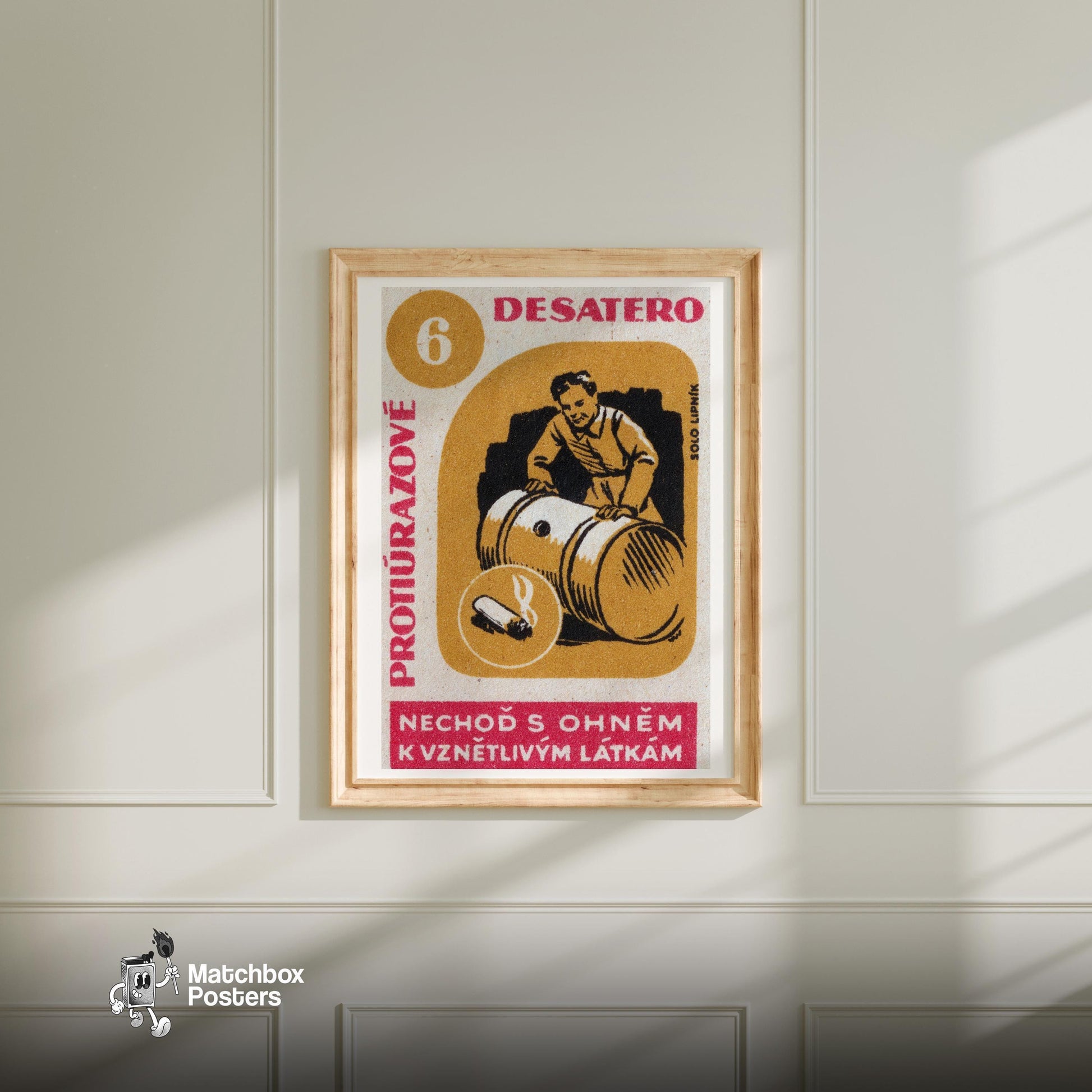 Beware Lit Cigarettes! - vintage matchbox label print - bedroom mockup