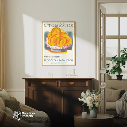 Apricots - vintage matchbox label print - living room mockup