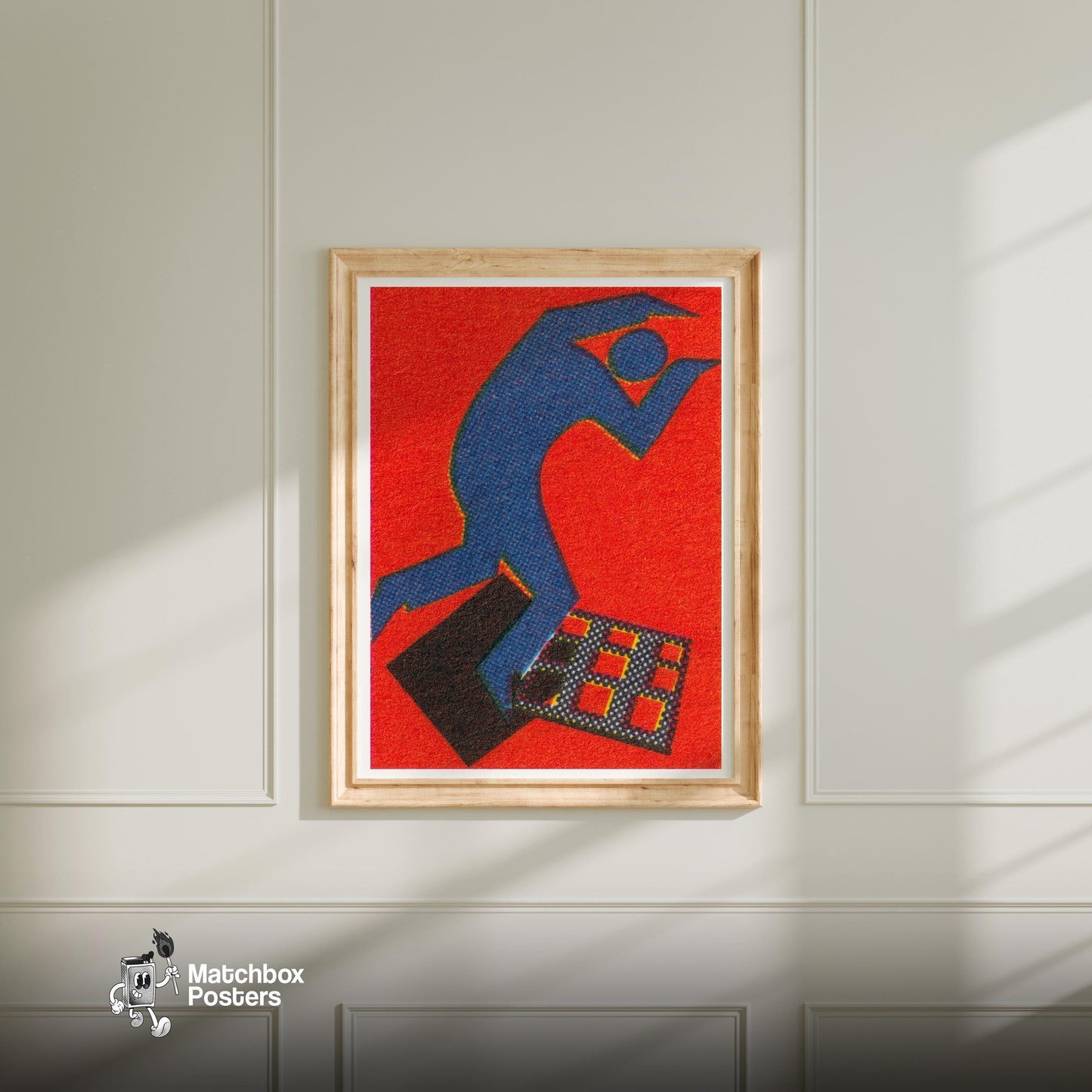 Blue Figure - vintage matchbox label print - bedroom mockup