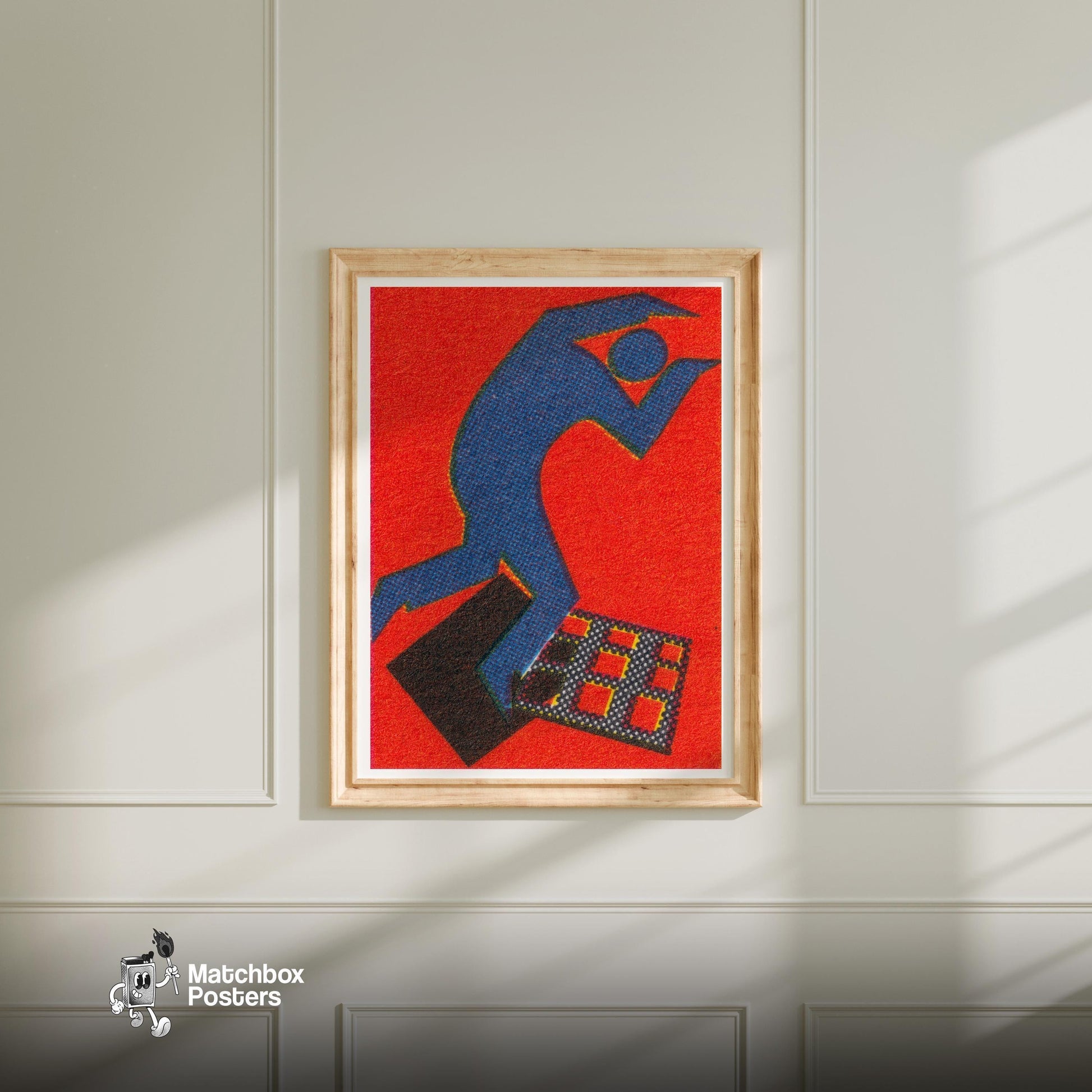 Blue Figure - vintage matchbox label print - bedroom mockup
