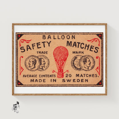 Red Hot Air Balloon - vintage matchbox label print