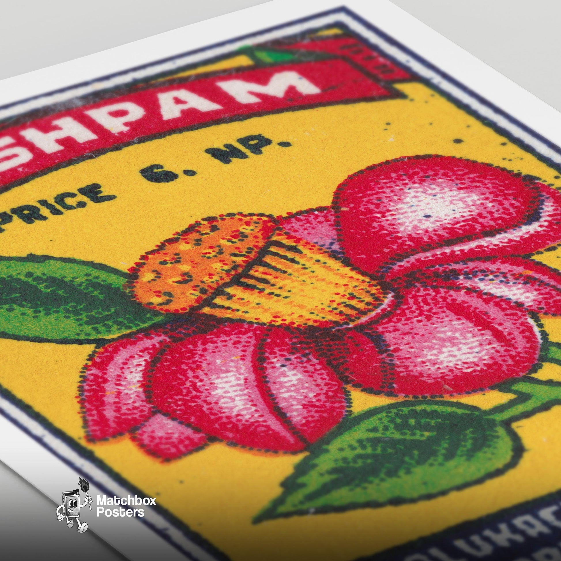 Red Flower - vintage matchbox label print - close-up detail