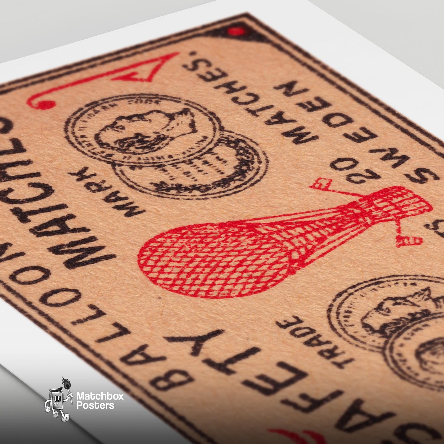 Red Hot Air Balloon - vintage matchbox label print - close-up detail