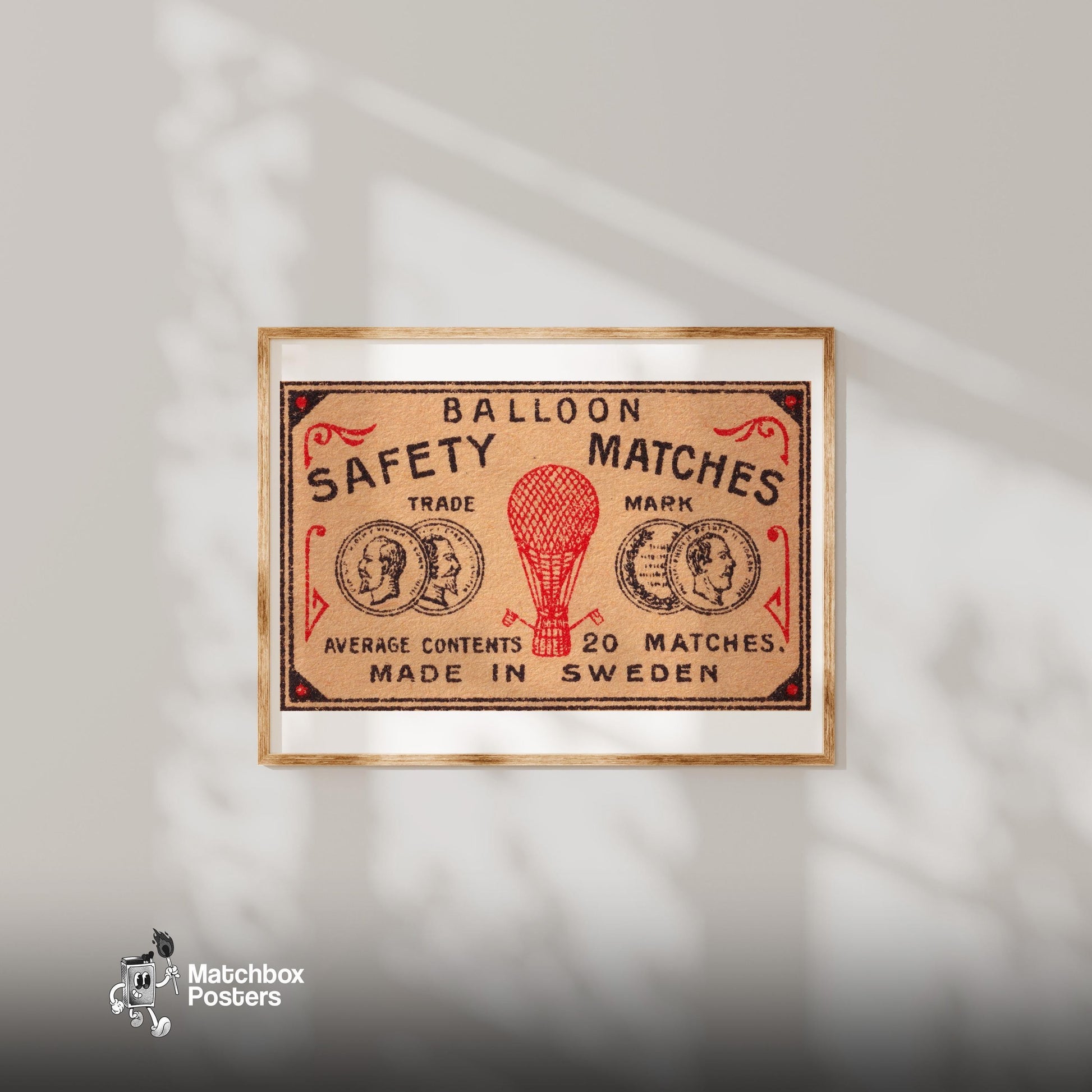 Red Hot Air Balloon - vintage matchbox label print - bedroom mockup