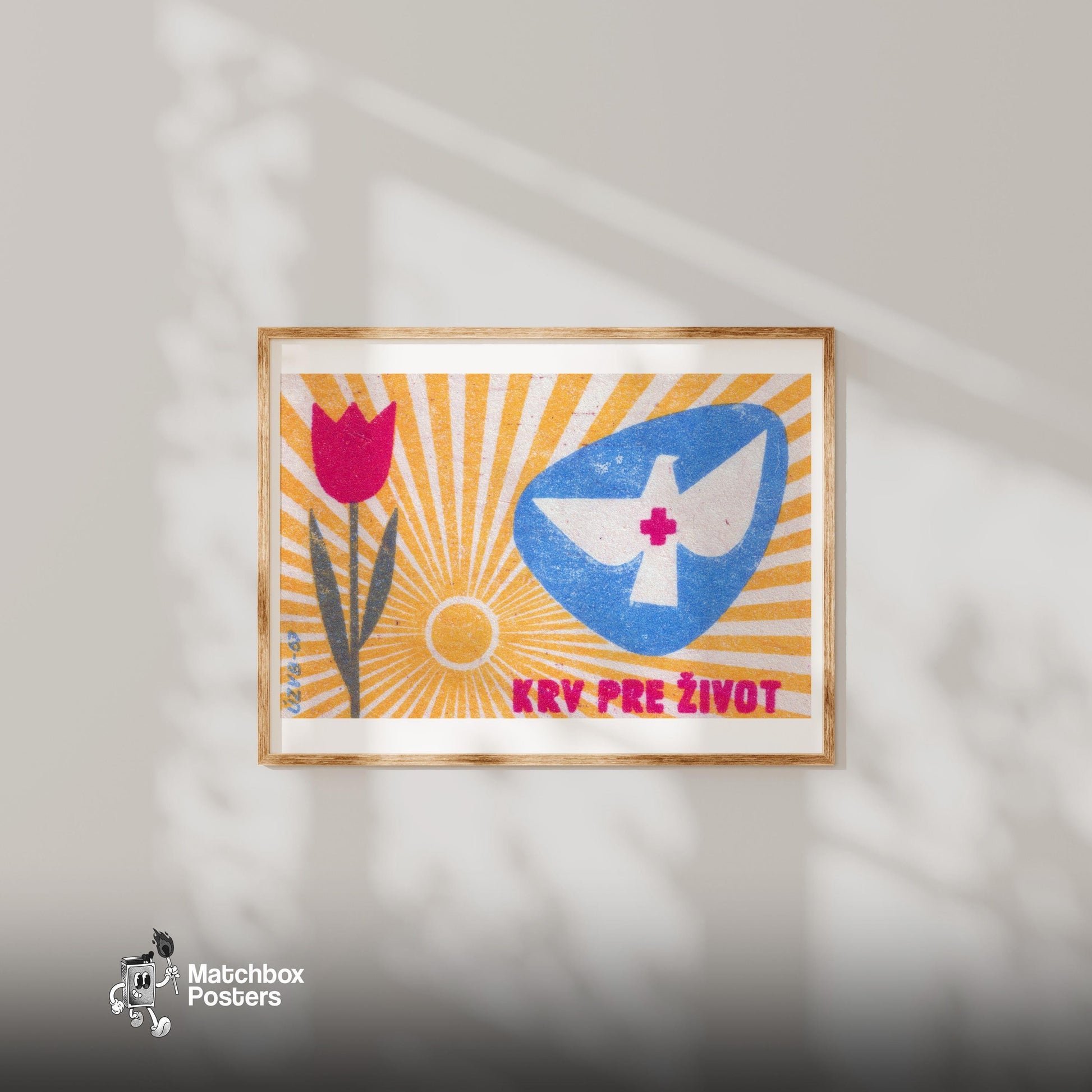 Dove with Red Cross - vintage matchbox label print - bedroom mockup