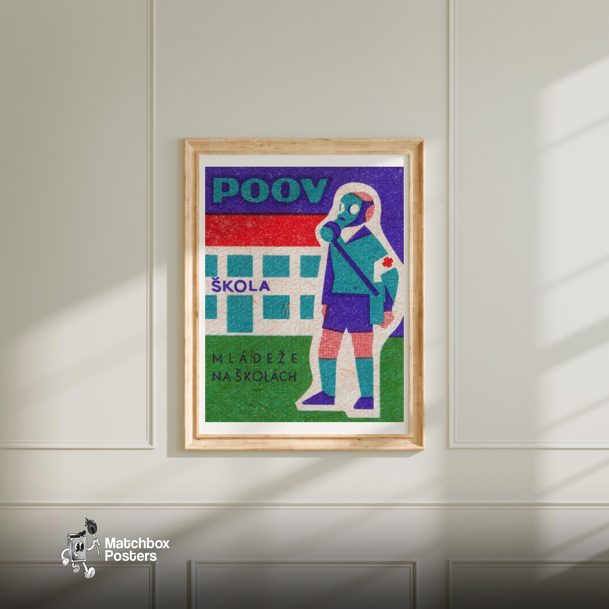Child in Gas Mask - vintage matchbox label print - bedroom mockup