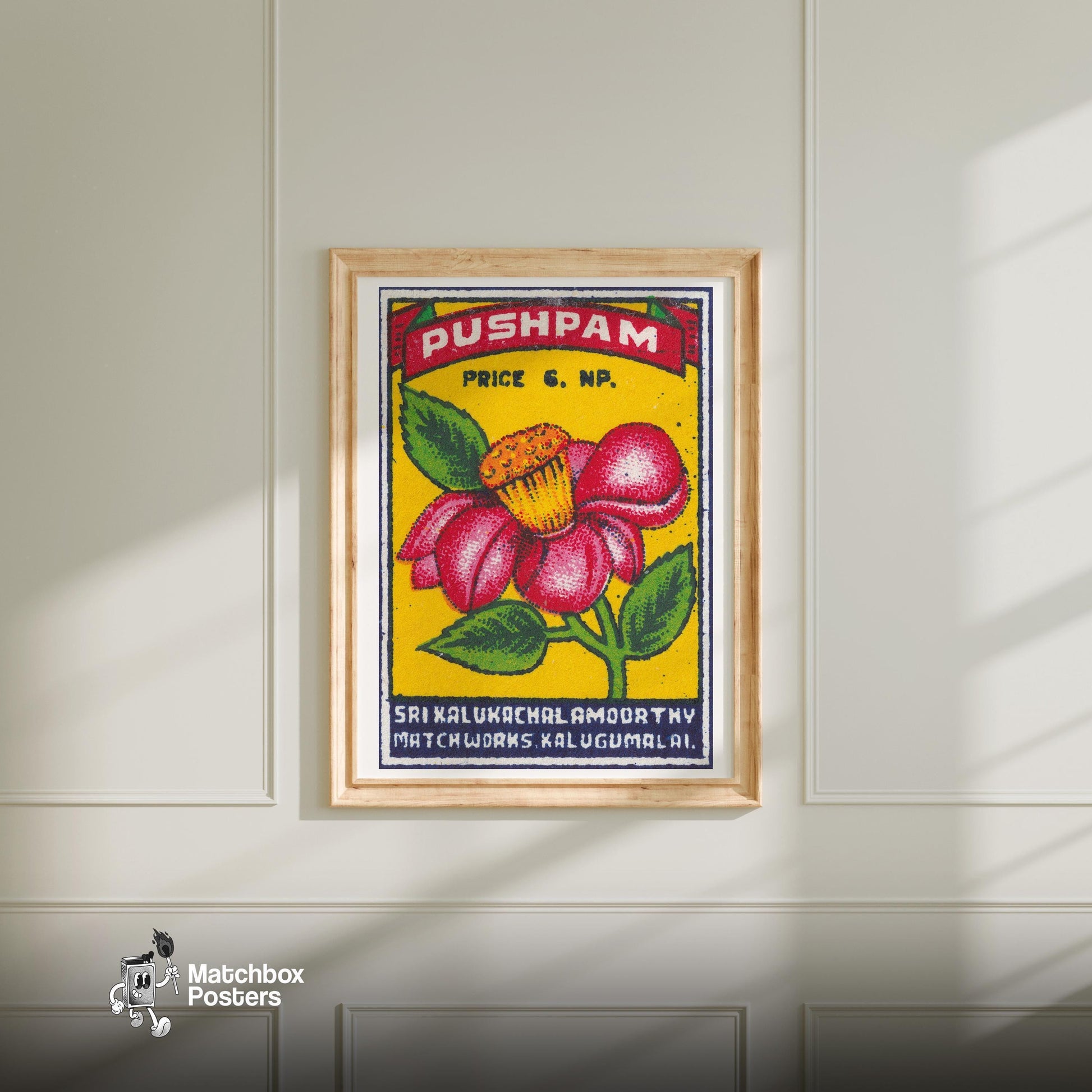 Red Flower - vintage matchbox label print - bedroom mockup