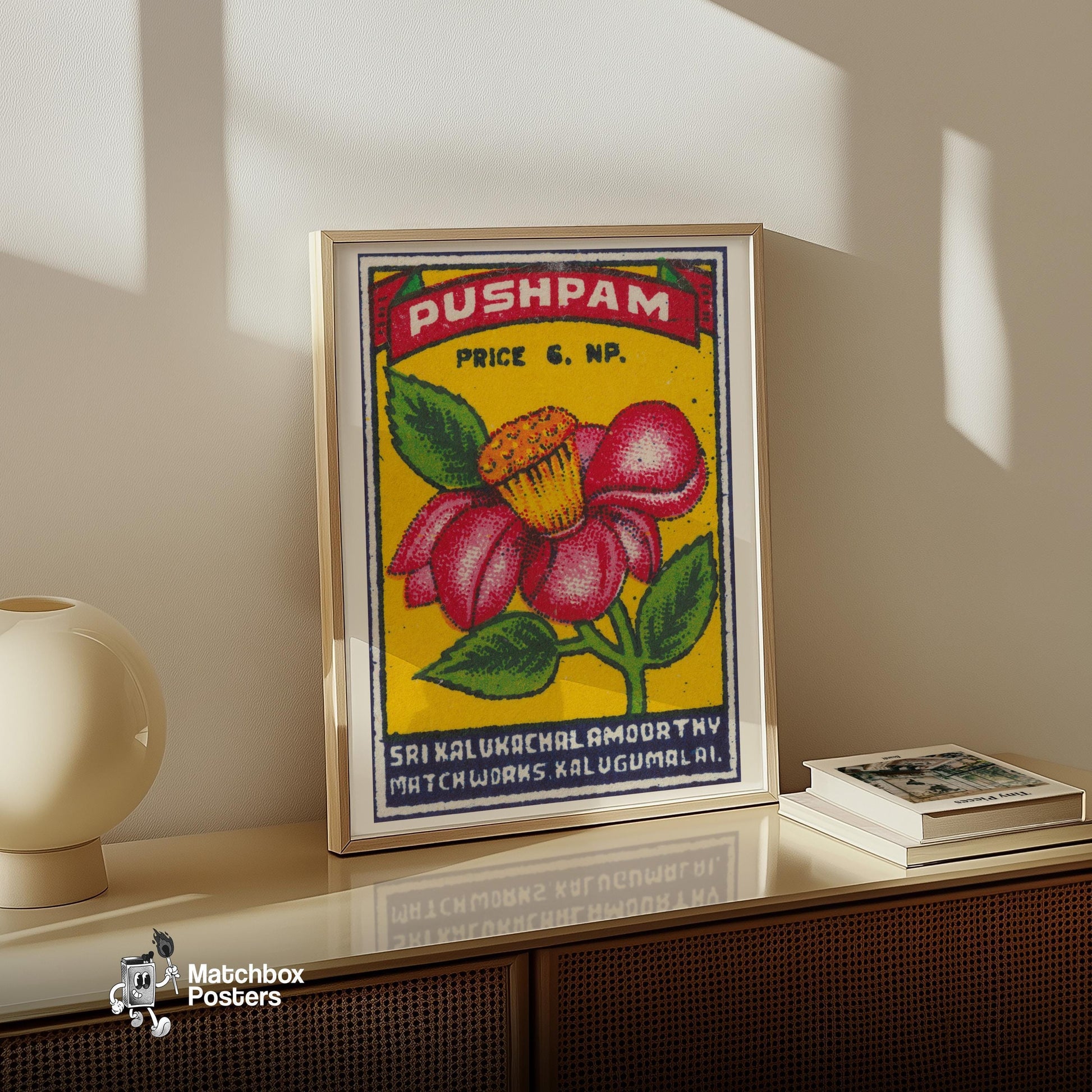 Red Flower - vintage matchbox label print - size comparison