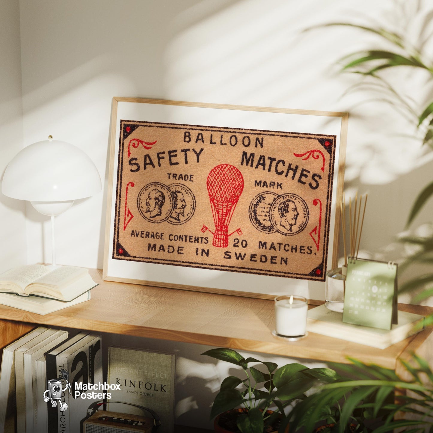 Red Hot Air Balloon - vintage matchbox label print - office wall