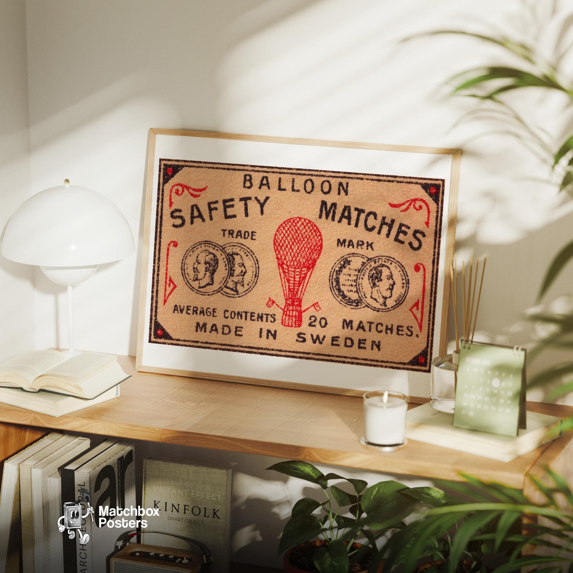 Red Hot Air Balloon - vintage matchbox label print - office wall