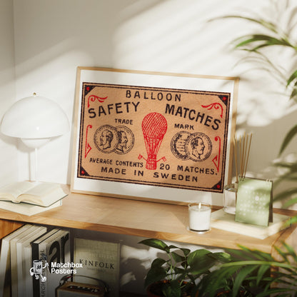 Red Hot Air Balloon - vintage matchbox label print - office wall