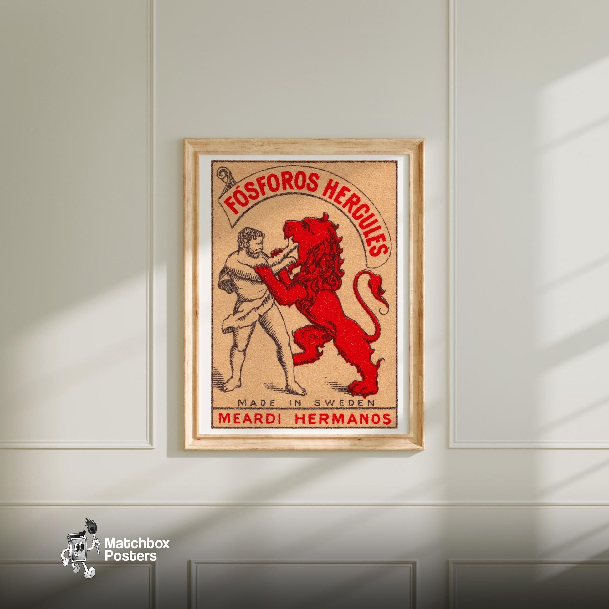 Hercules and Lion - vintage matchbox label print - bedroom mockup