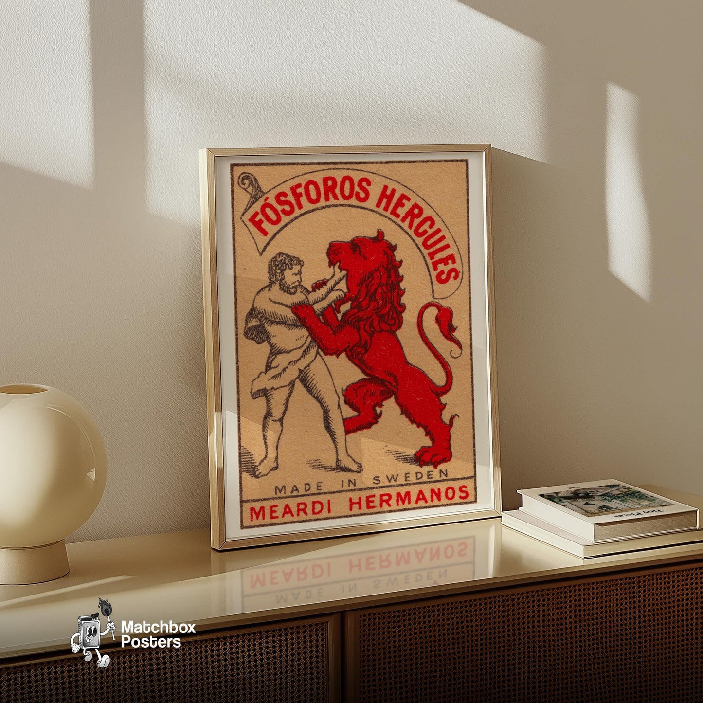 Hercules and Lion - vintage matchbox label print - size comparison
