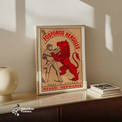 Hercules and Lion - vintage matchbox label print - size comparison