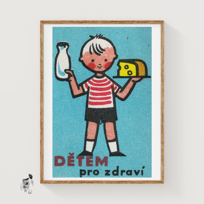 Child Holding Milk Bottle - vintage matchbox label print