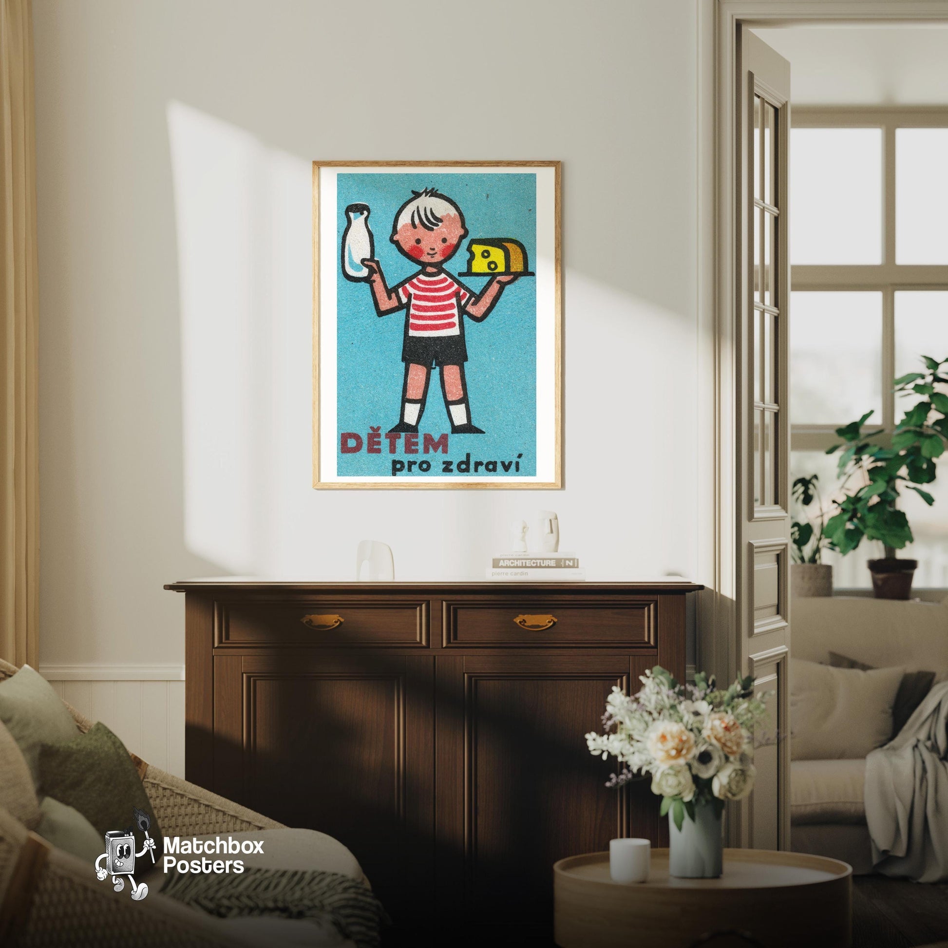 Child Holding Milk Bottle - vintage matchbox label print - living room mockup