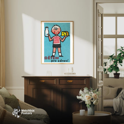 Child Holding Milk Bottle - vintage matchbox label print - living room mockup