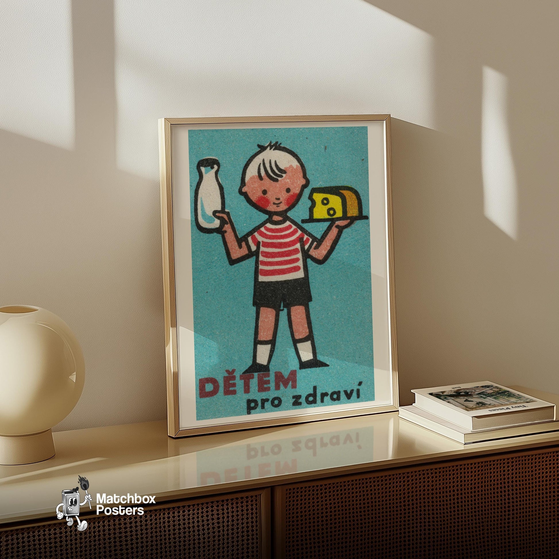 Child Holding Milk Bottle - vintage matchbox label print - size comparison