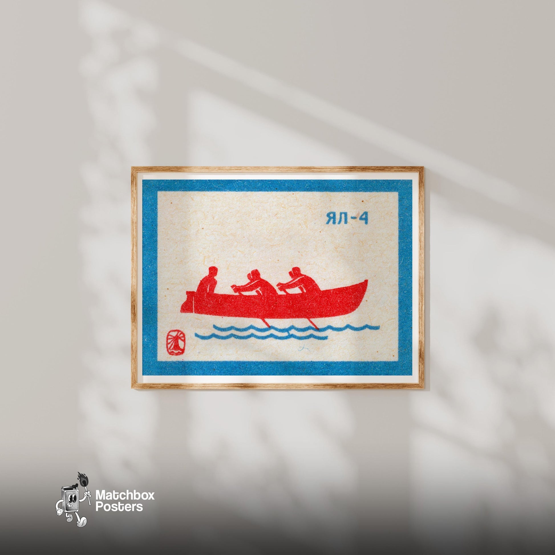 Rowers on Water - vintage matchbox label print - bedroom mockup