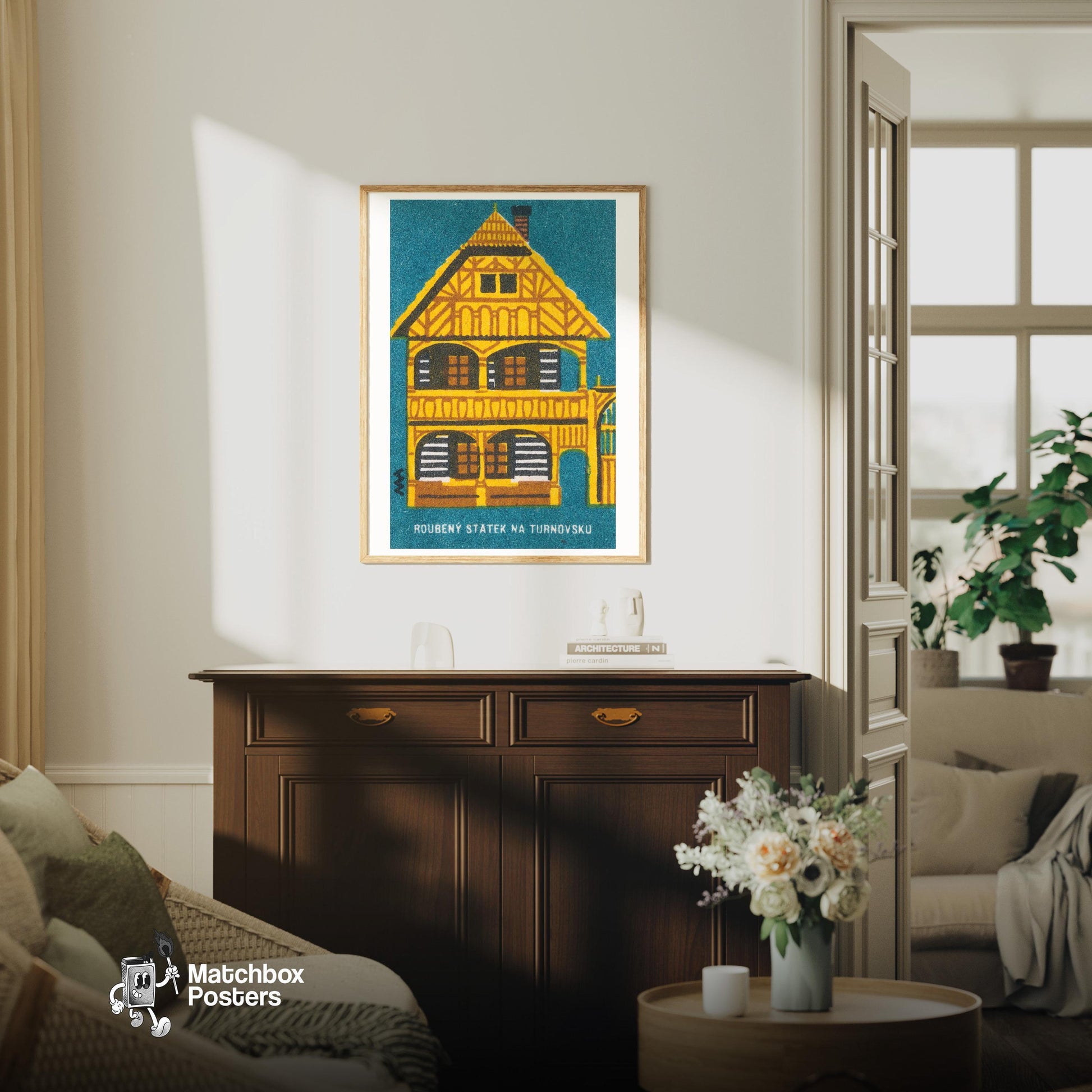 Traditional Wooden House - vintage matchbox label print - living room mockup