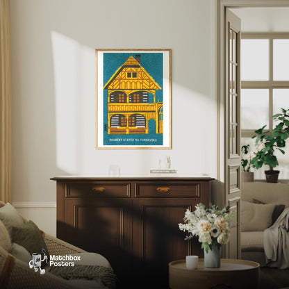 Traditional Wooden House - vintage matchbox label print - living room mockup