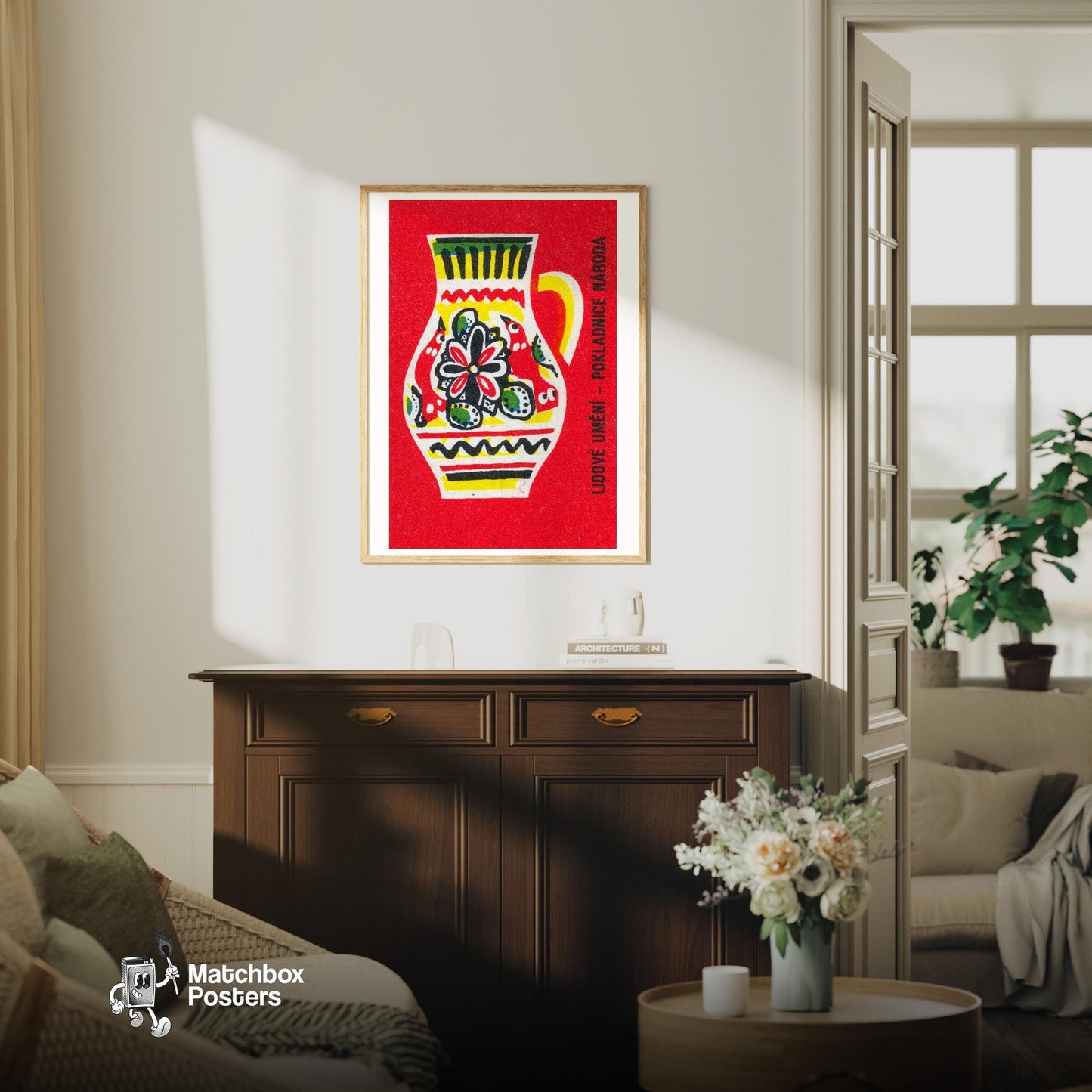 Folk Art Jug - vintage matchbox label print - living room mockup