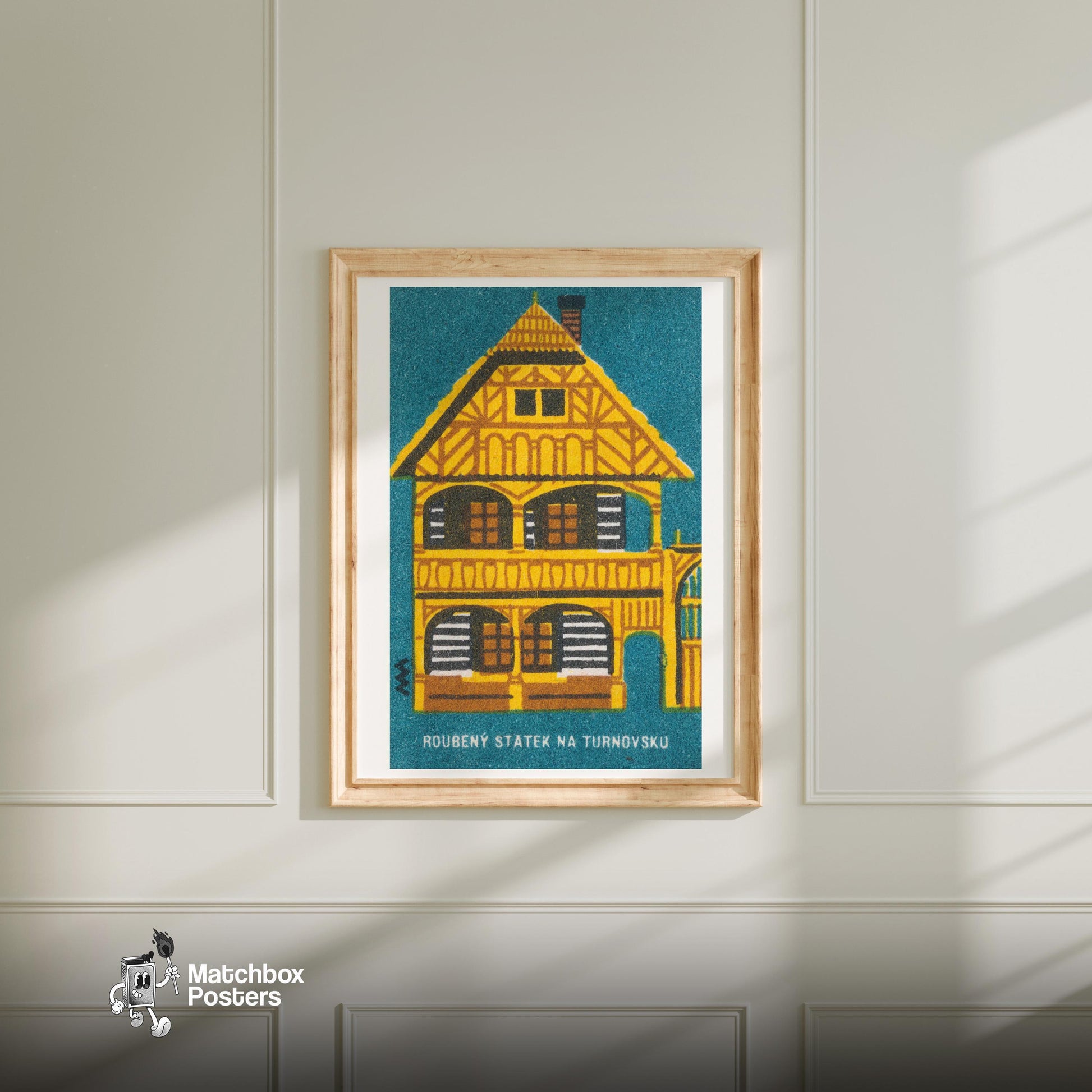 Traditional Wooden House - vintage matchbox label print - bedroom mockup