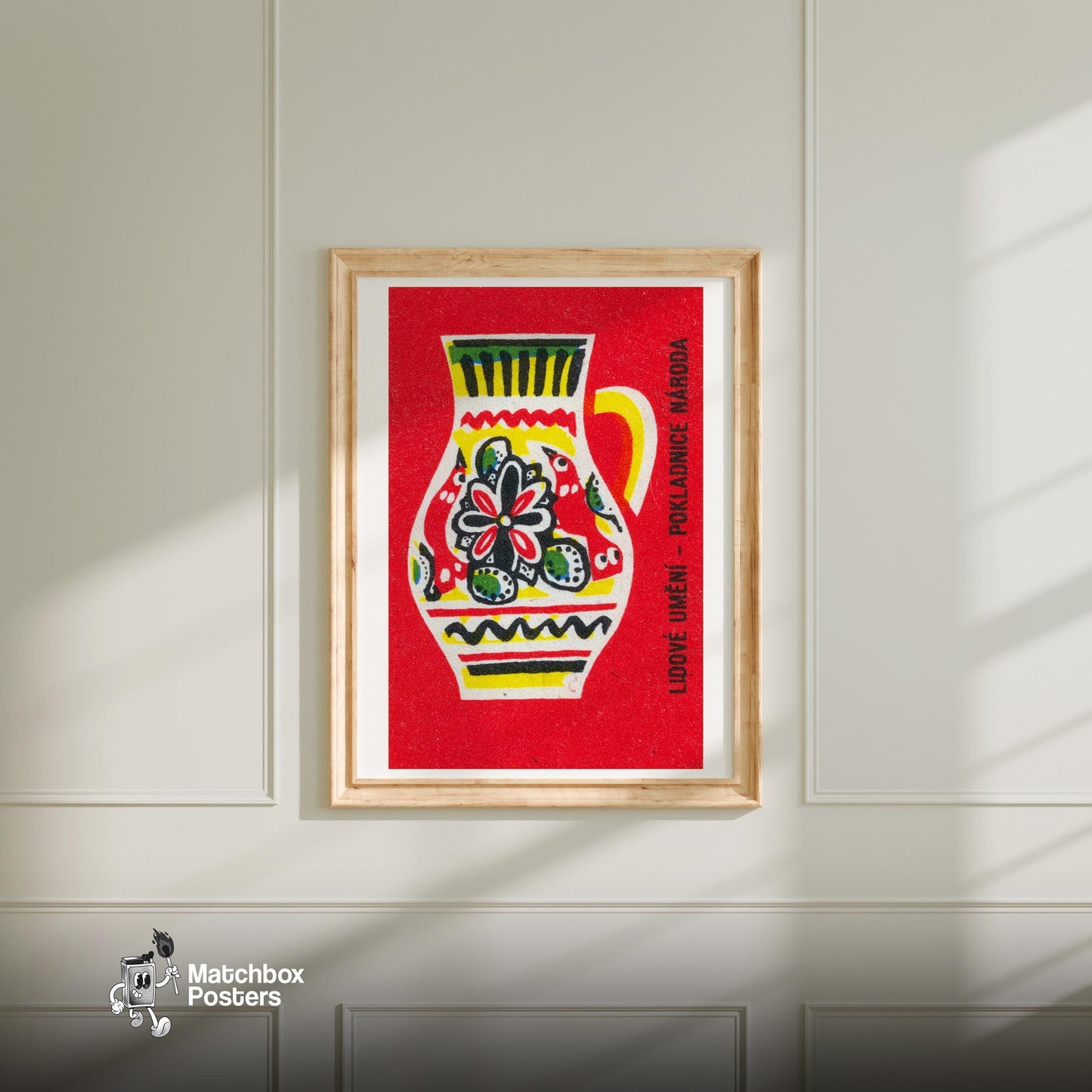 Folk Art Jug - vintage matchbox label print - bedroom mockup