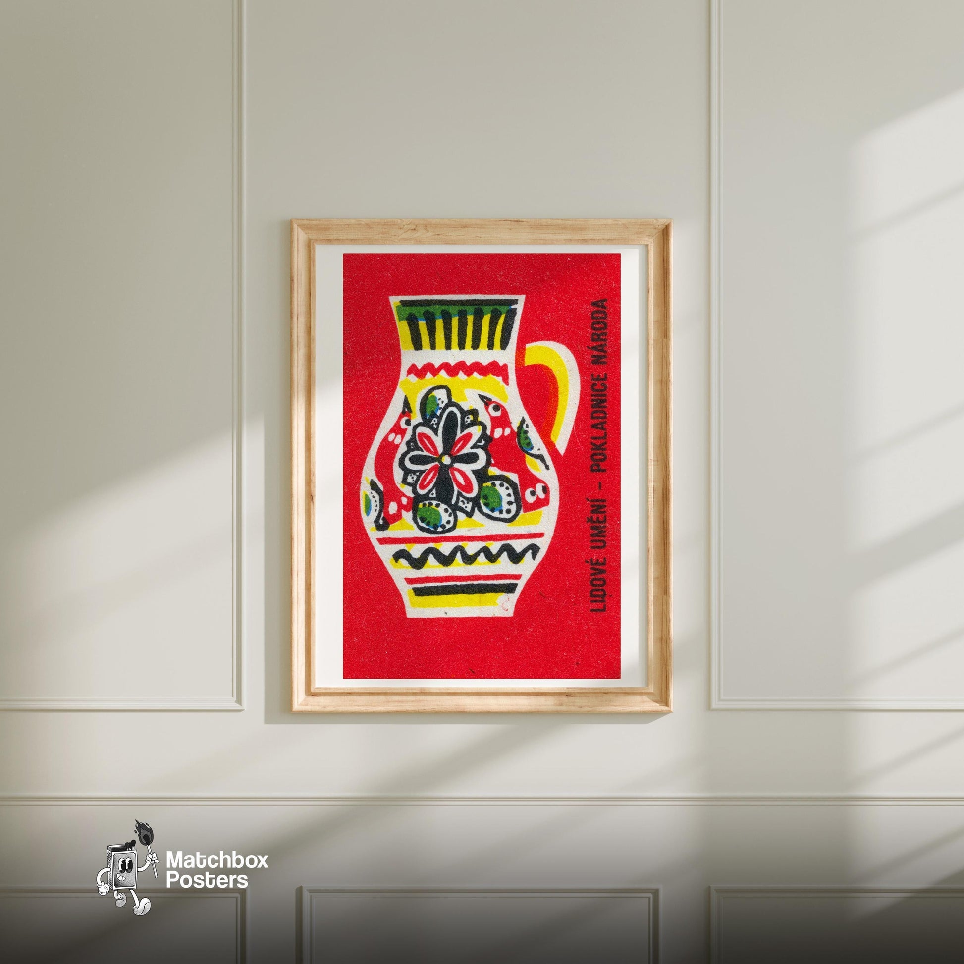 Folk Art Jug - vintage matchbox label print - bedroom mockup