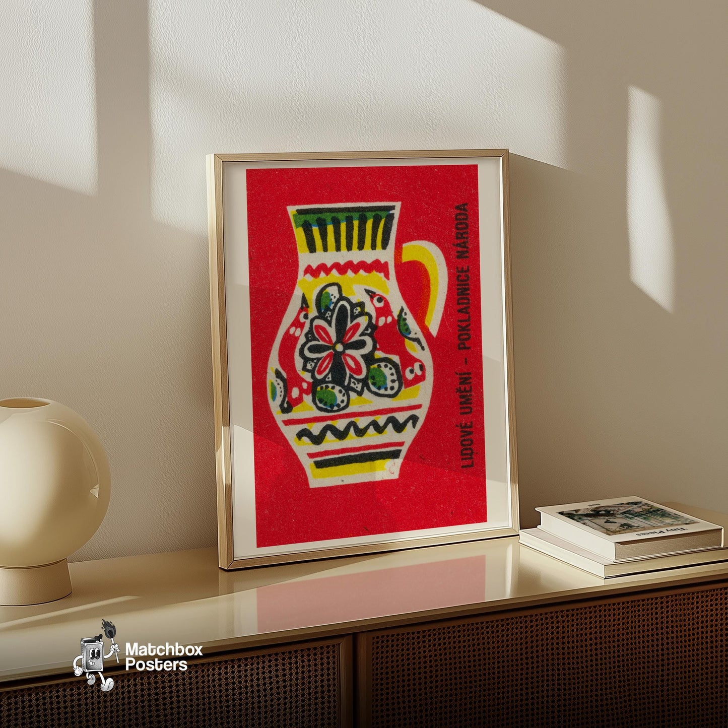 Folk Art Jug - vintage matchbox label print - size comparison