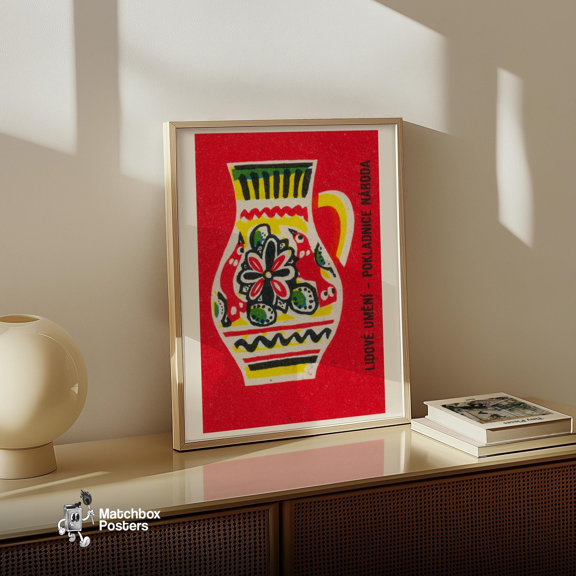 Folk Art Jug - vintage matchbox label print - size comparison