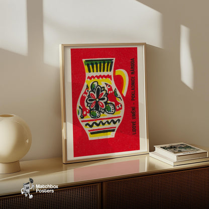 Folk Art Jug - vintage matchbox label print - size comparison