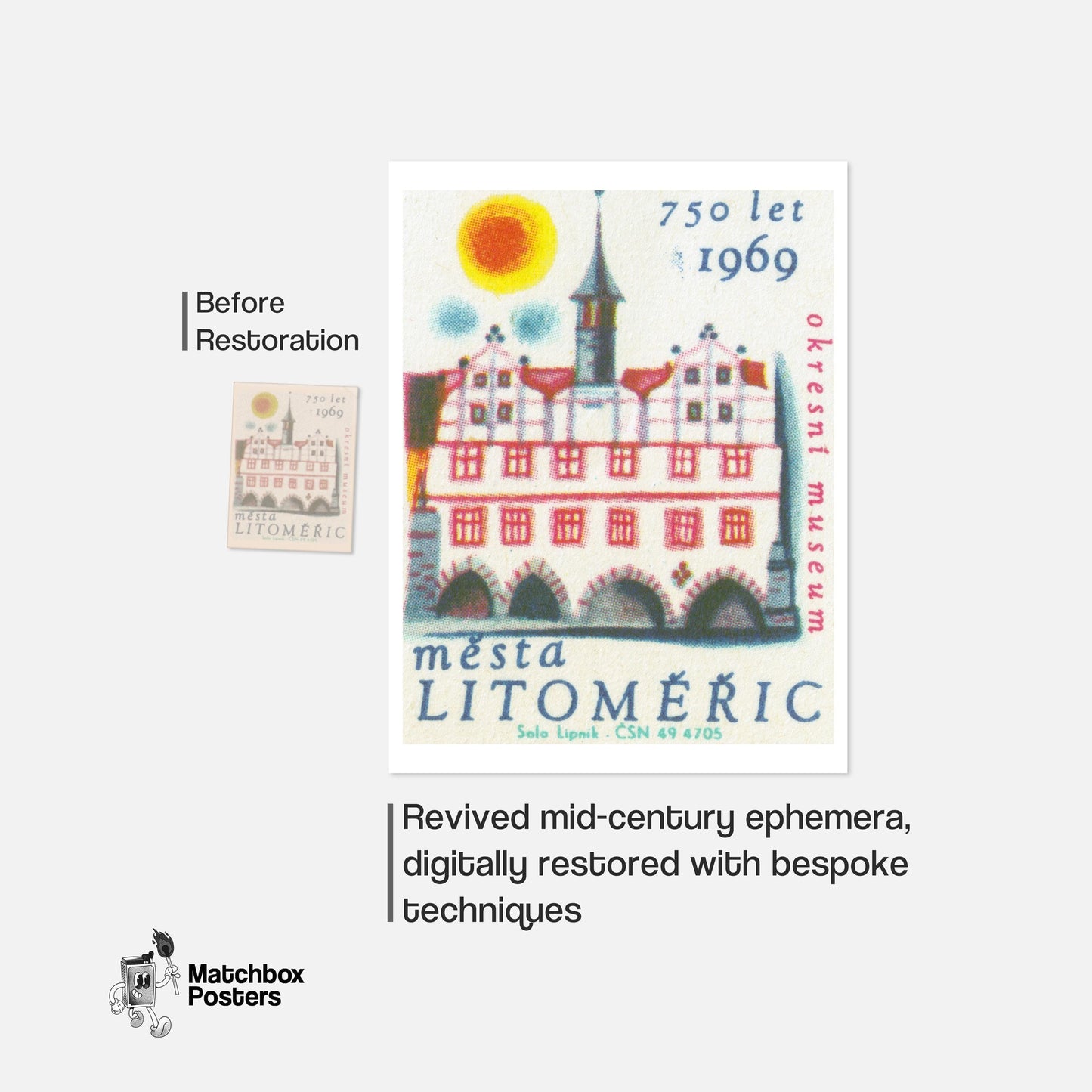 Litoměřice Tower - vintage matchbox label print - framed wall art preview
