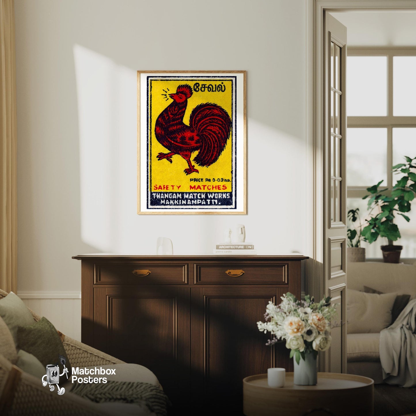 Red Rooster - vintage matchbox label print - living room mockup