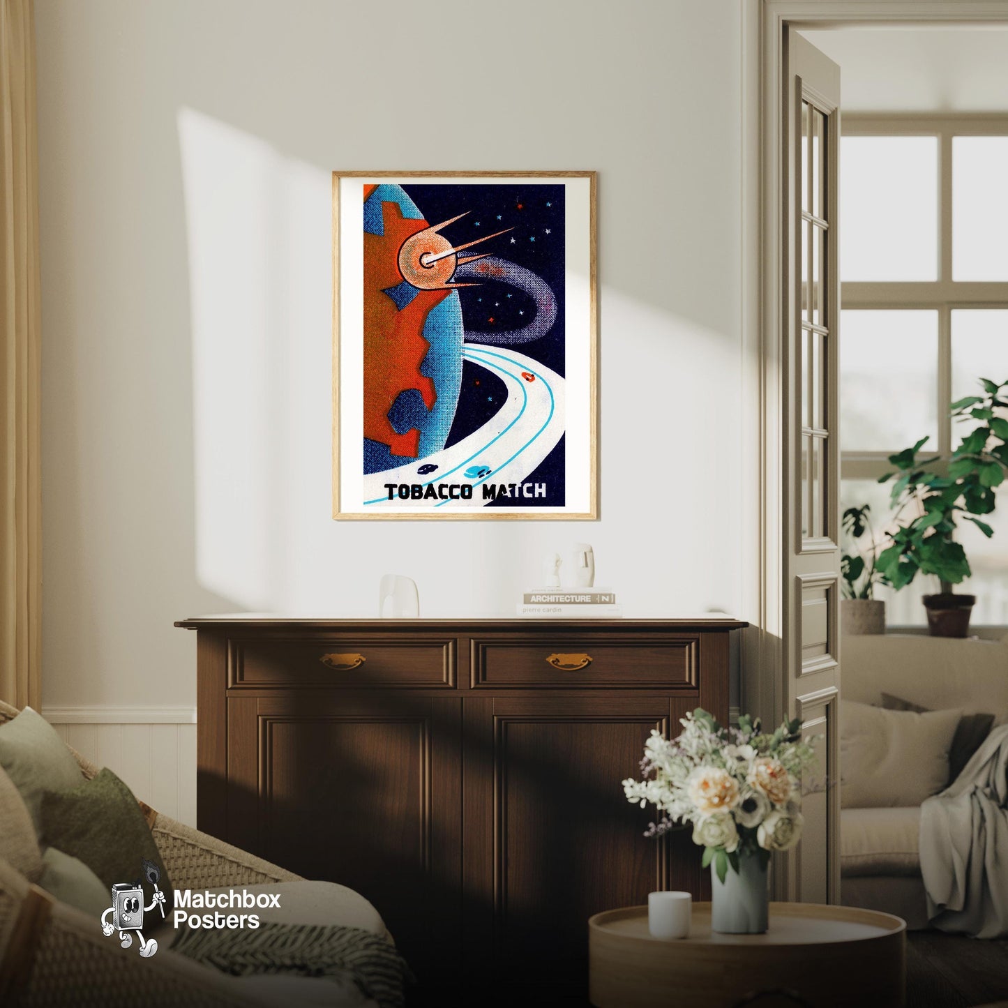 Space Highway - vintage matchbox label print - living room mockup