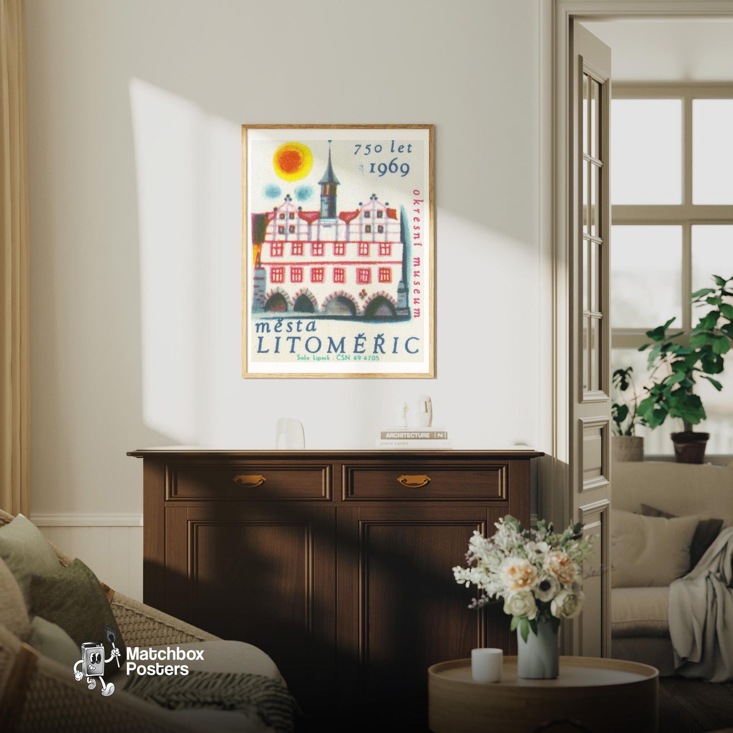Litoměřice Tower - vintage matchbox label print - living room mockup