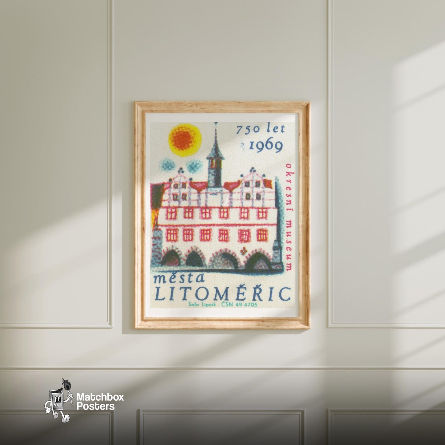Litoměřice Tower - vintage matchbox label print - bedroom mockup
