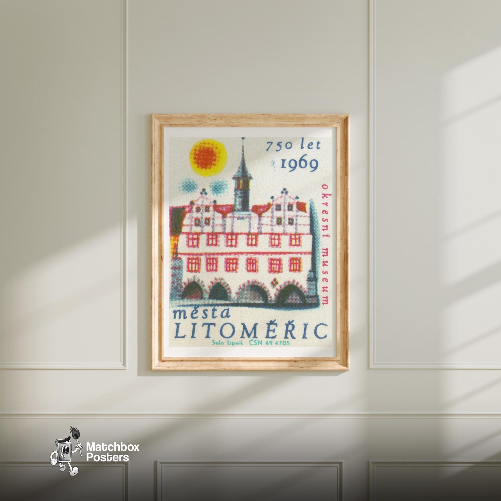 Litoměřice Tower - vintage matchbox label print - bedroom mockup