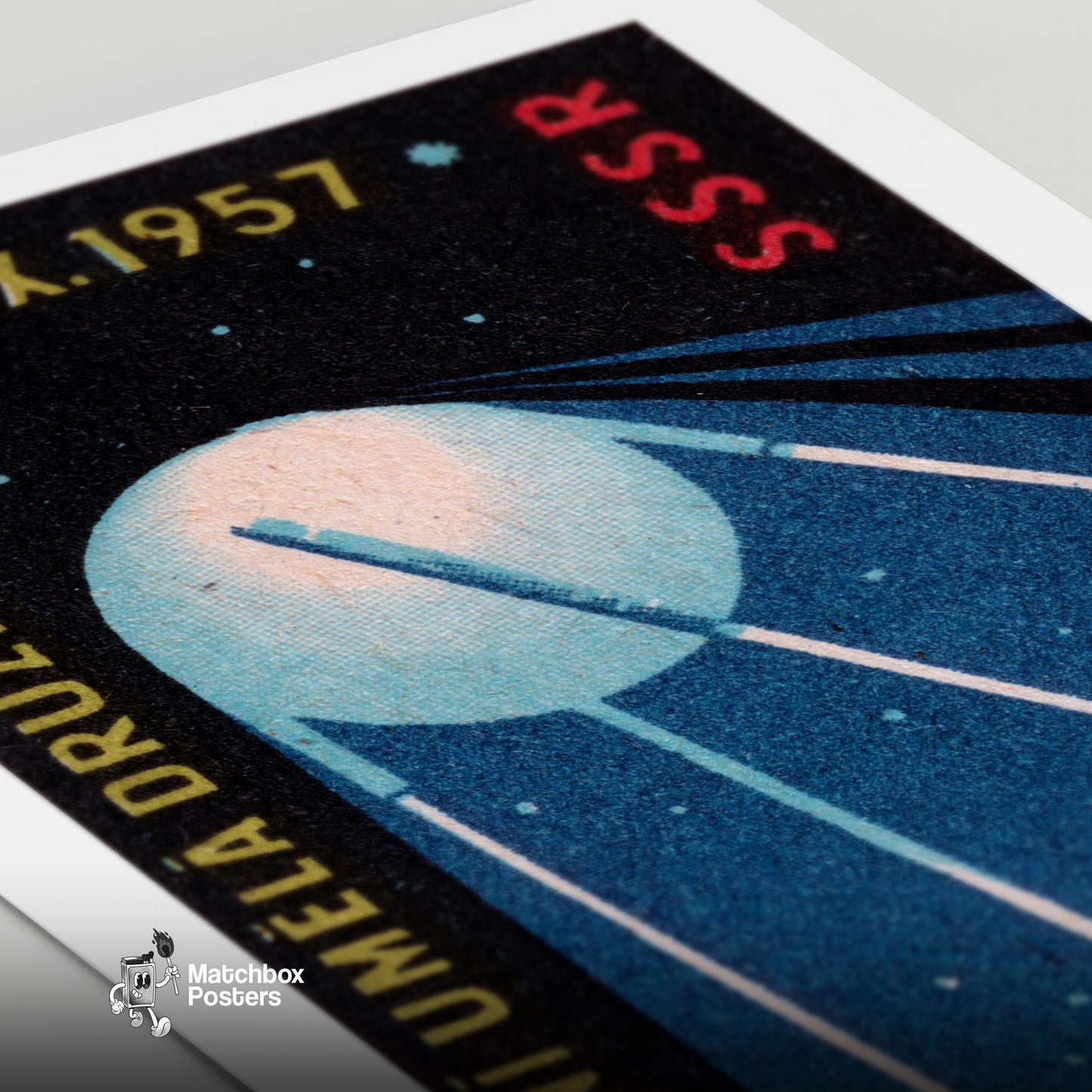 Sputnik Satellite - vintage matchbox label print - close-up detail