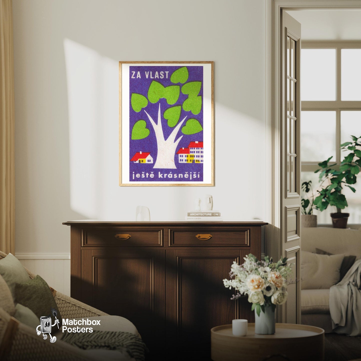 White Tree - vintage matchbox label print - living room mockup